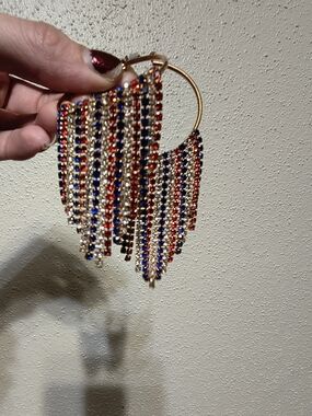 Francesca's Collections Gold Hoop Earrings with Red, Blue & Black Fringe